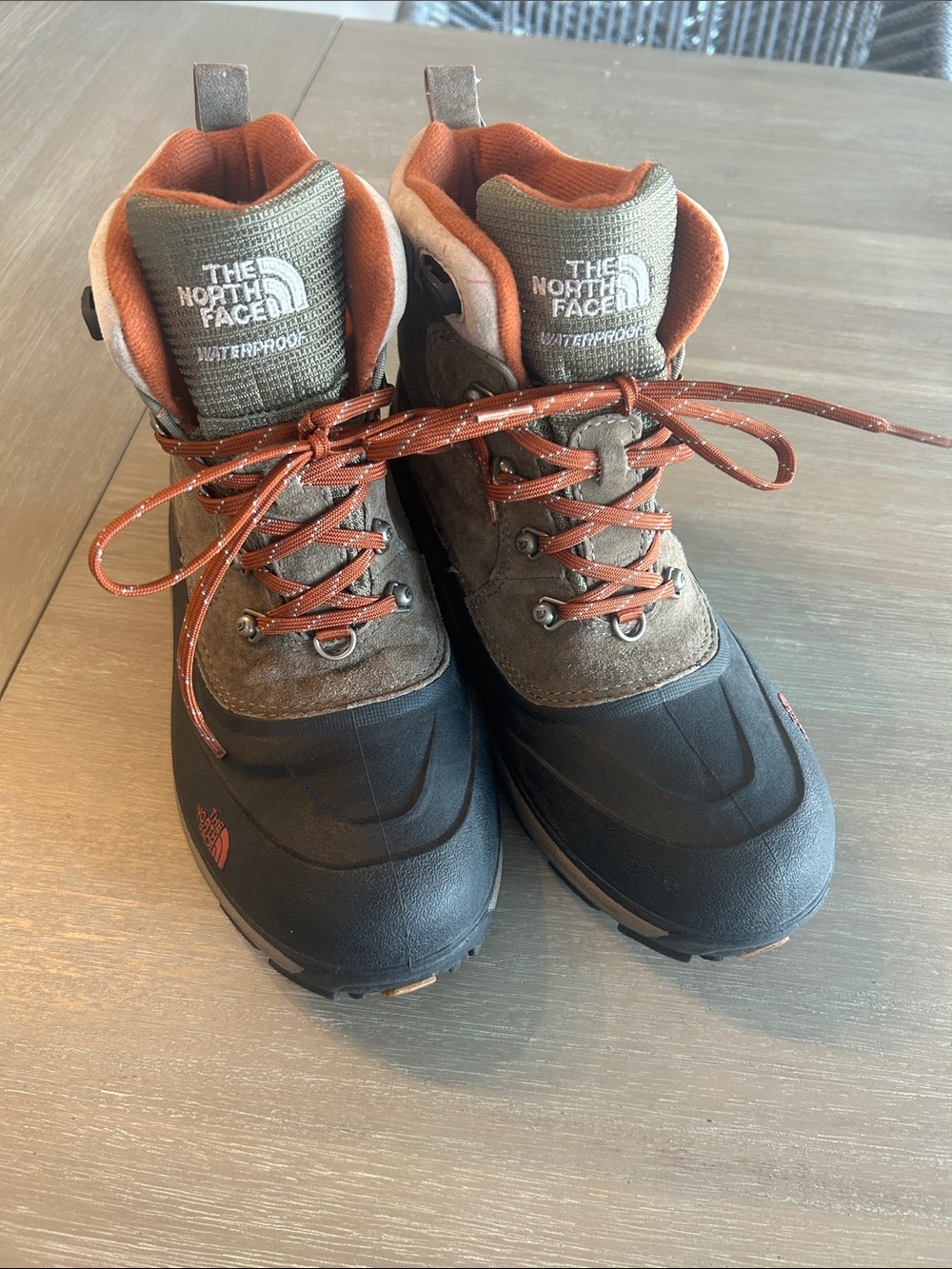 The North Face Men's Waterproof Brown and Black Hiking Boots with Orange Accents